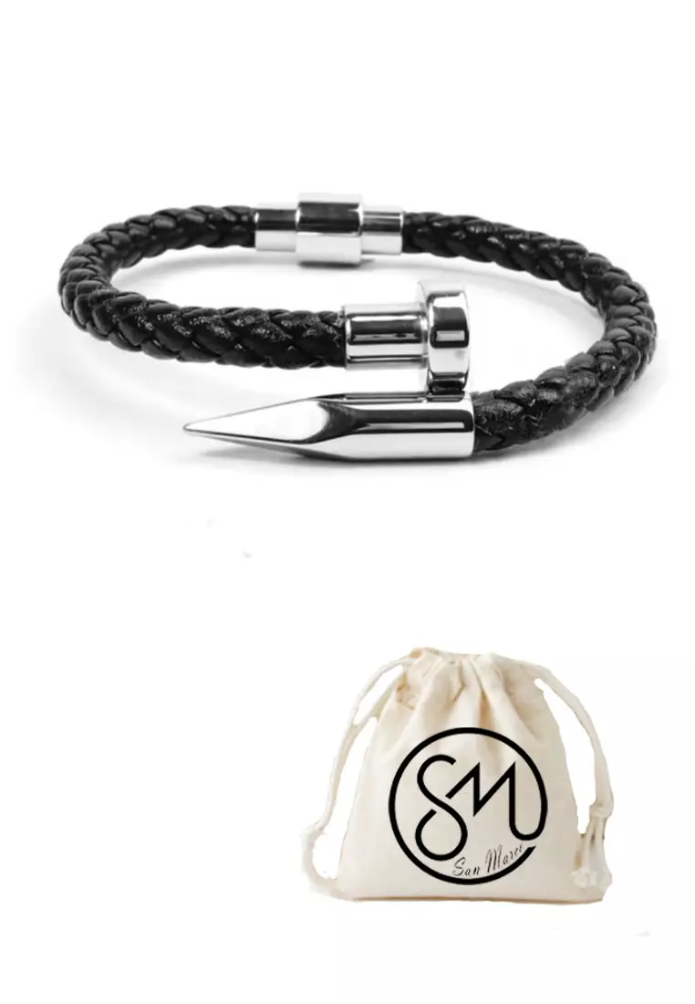 Accessories Pria Stainless Nail Design Center Leather Bracelet Gelang Pria Black & Silver 