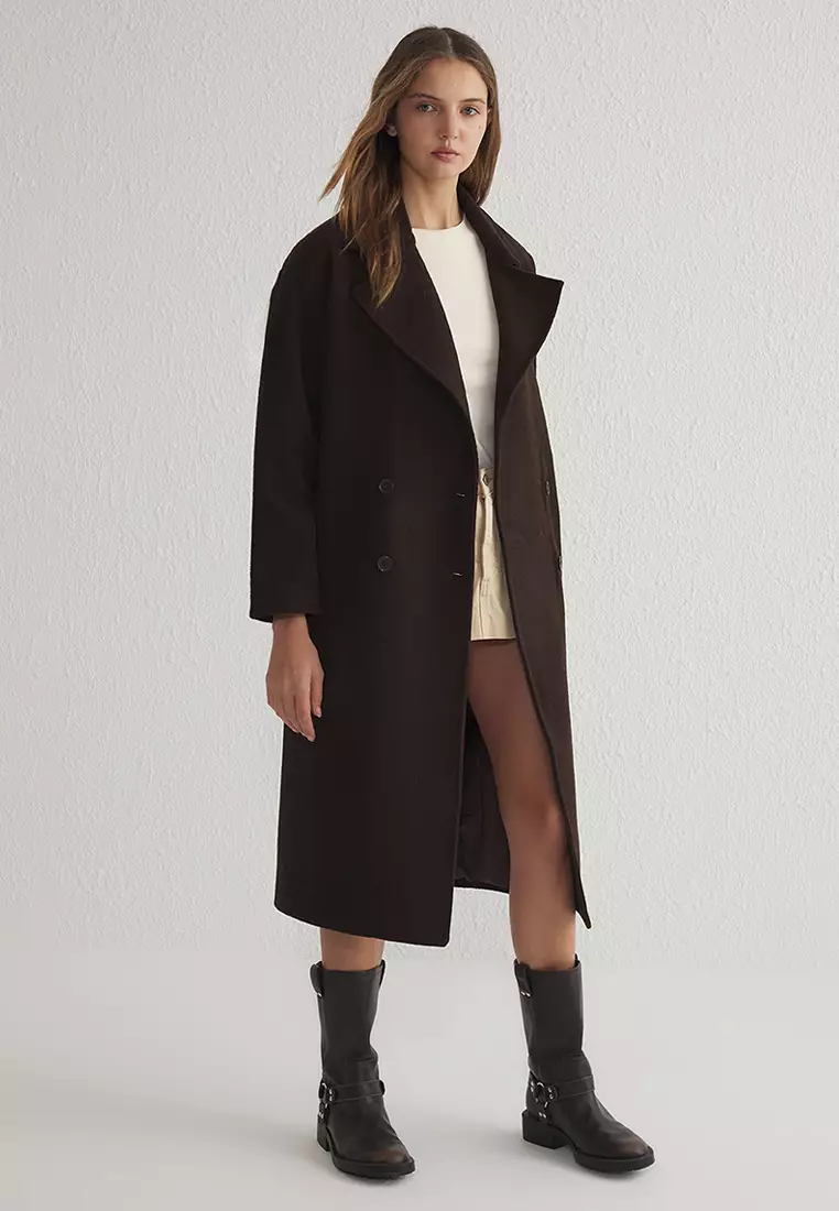 Brown Oversized Wide Cut Long Wool Cashmere Coat TWOAW21KB0038