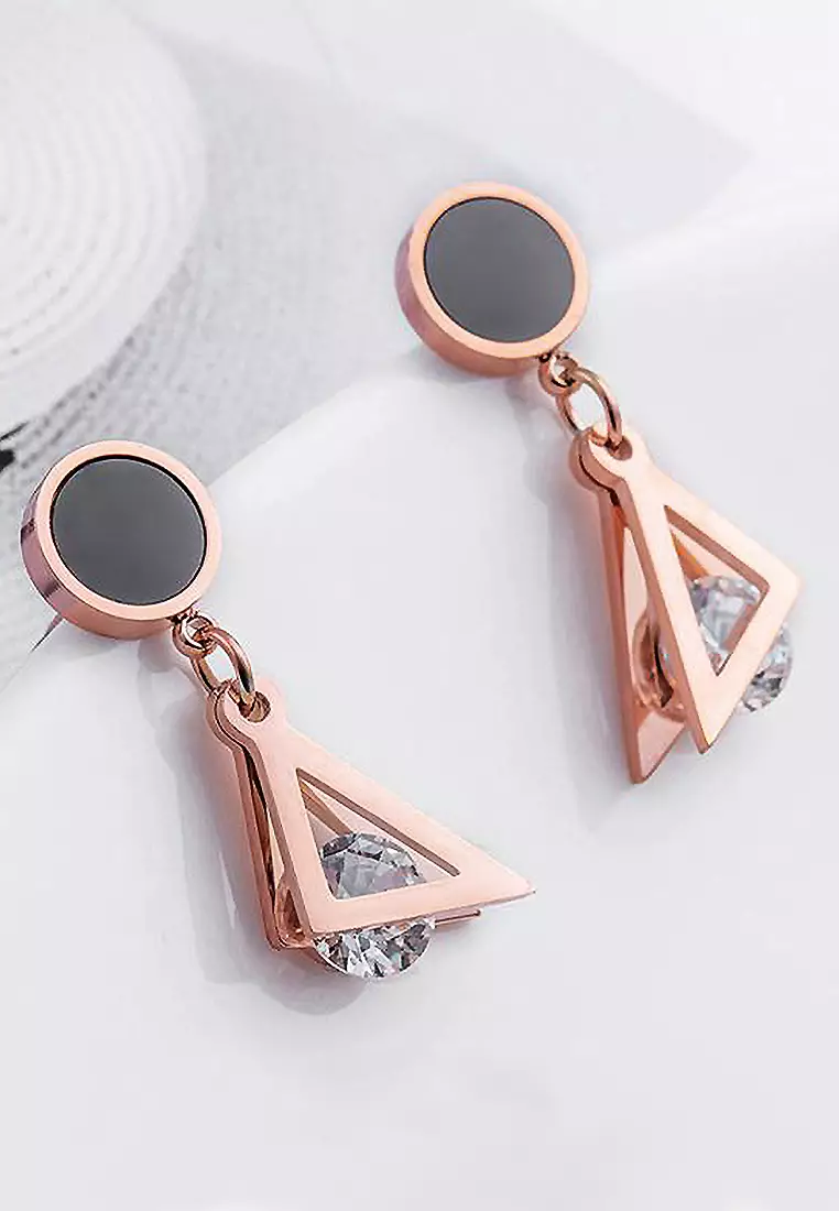Geometric Triangle Drop Earrings-Rose Gold/Black