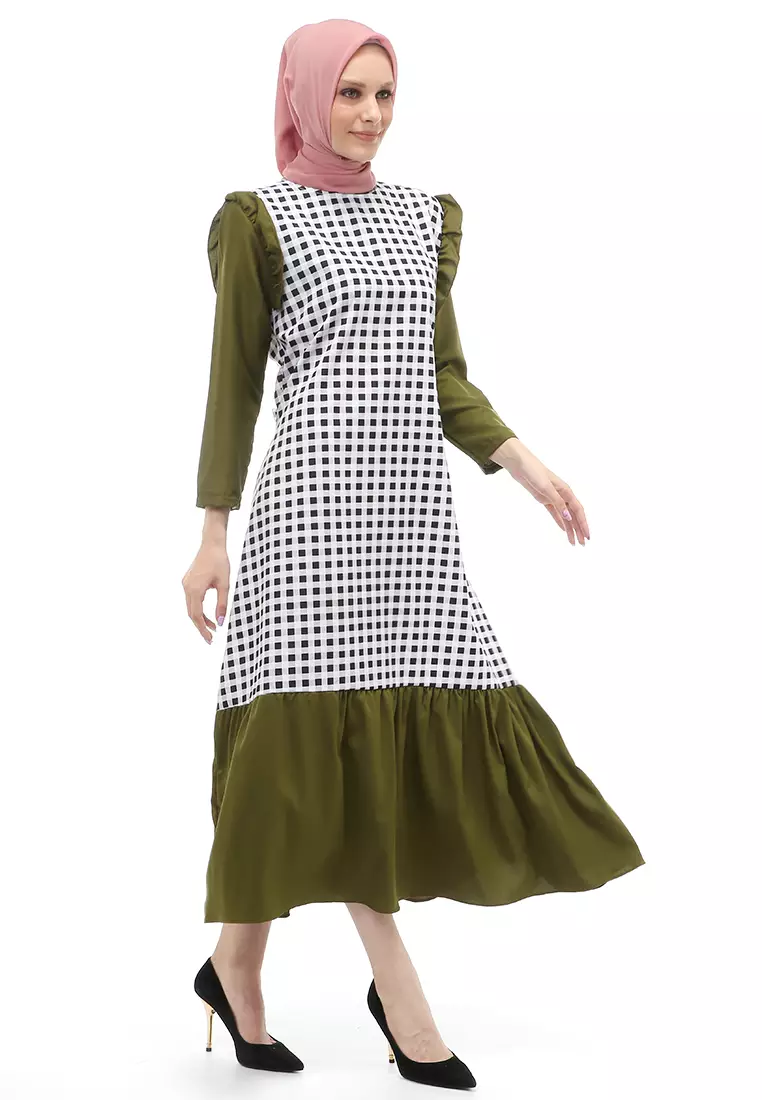 Ghina Gamis Tartan Muslimah Long Casual Wanita Regular Fit - Army