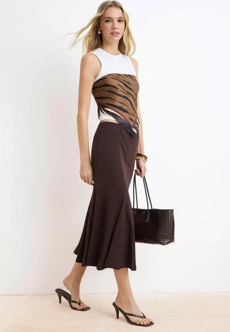 Brown Fish Regular Waist Midi Stretch Knitted Skirt Twoss26Et63