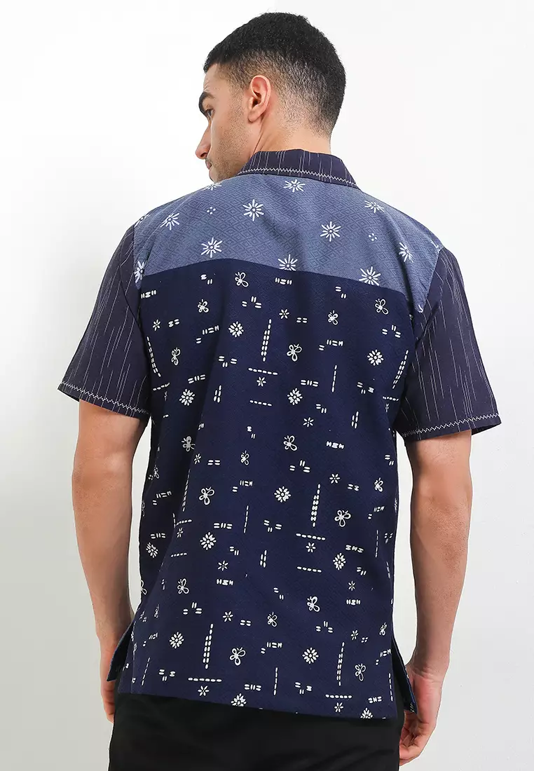 Kemeja Pria Lengan Pendek Batik Cap Dobby Spesial JFW Collection Binar Askara Navy