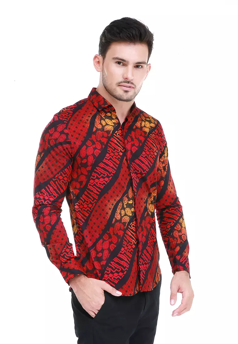 Dwan Kemeja Batik Pria Light Tops Atasan Formal Longsleeve Shirt Material Cotton ORIGINAL - Red