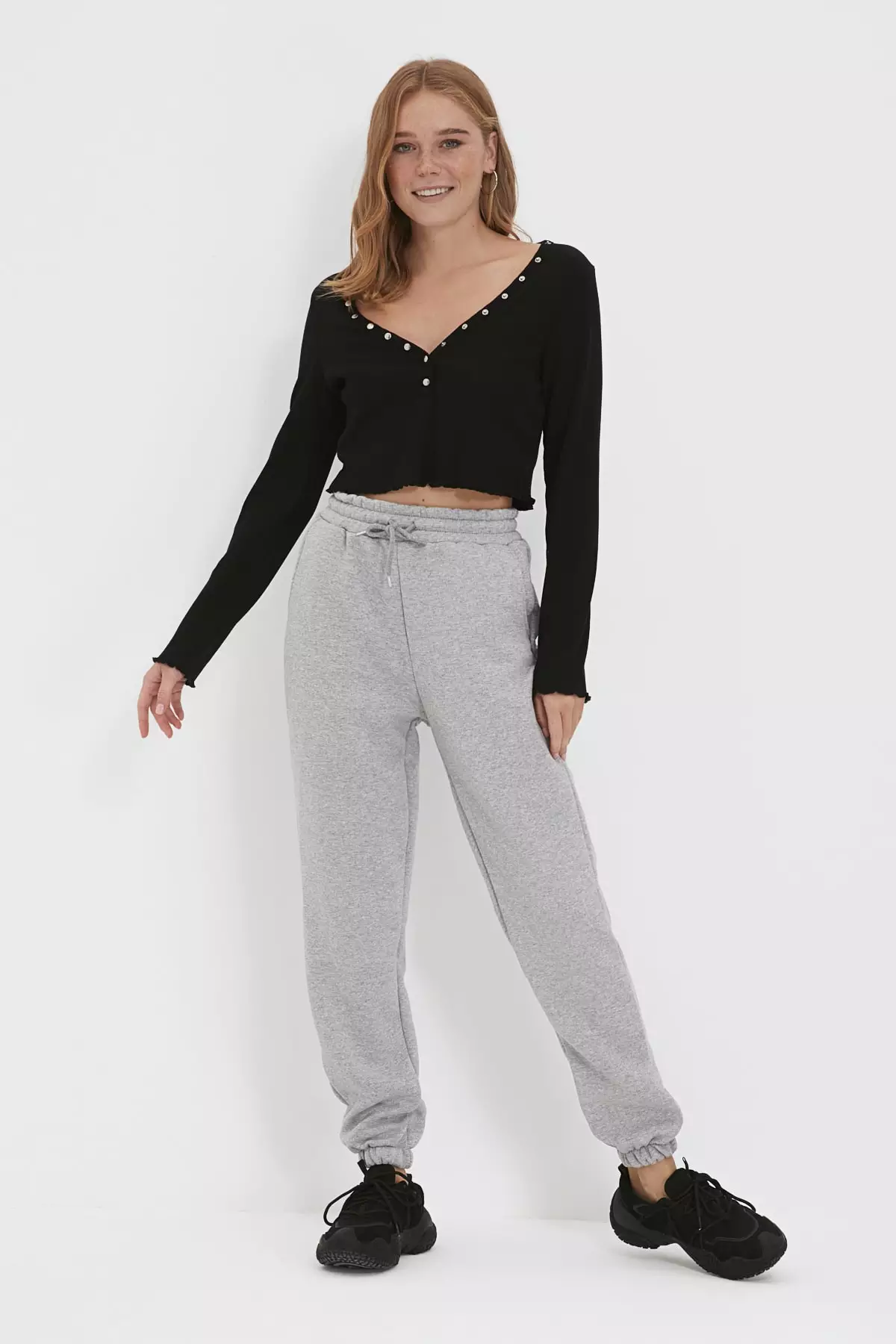 Gray Melange Thick Fleece Inside Basic Knitted Sweatpants Trousers Twoaw22Ea468