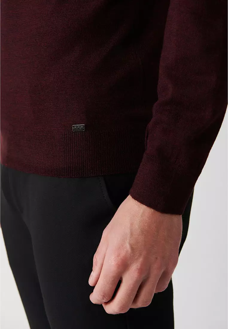 Men's Burgundy Half Turtleneck Wool Blended Front Patterned Knitwear Sweater A32Y5193