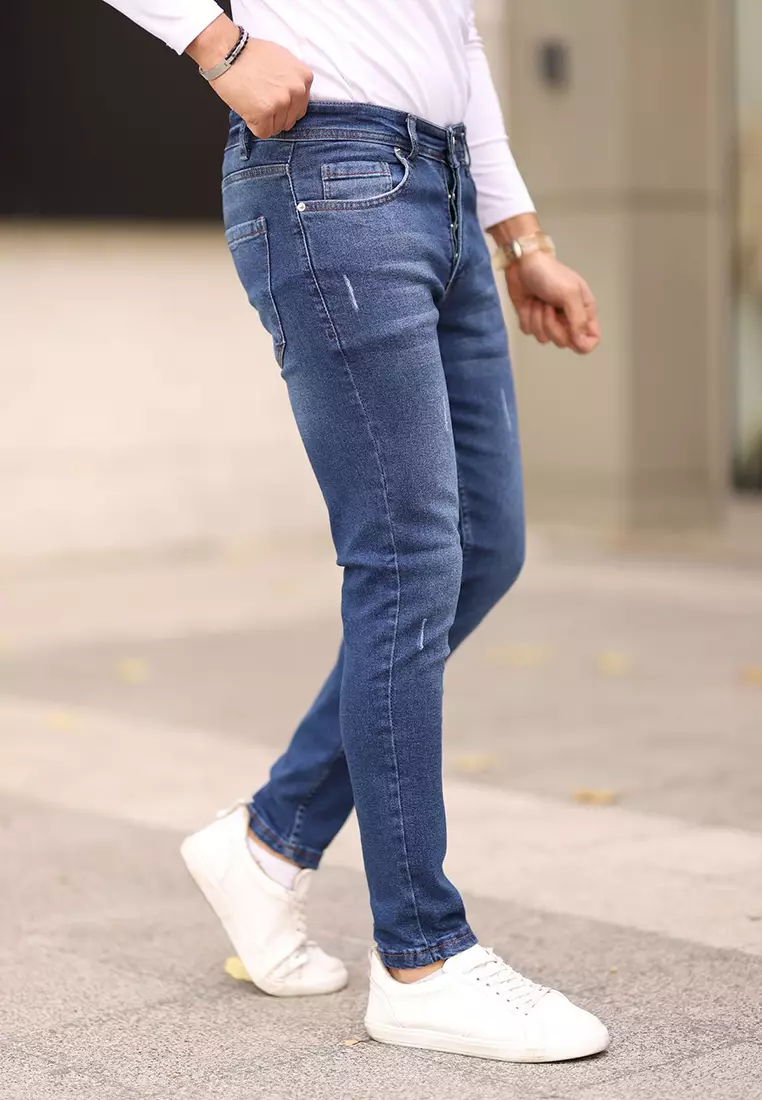 Navy Blue Skinny Ribbed Jeans TMNAW25JE00013