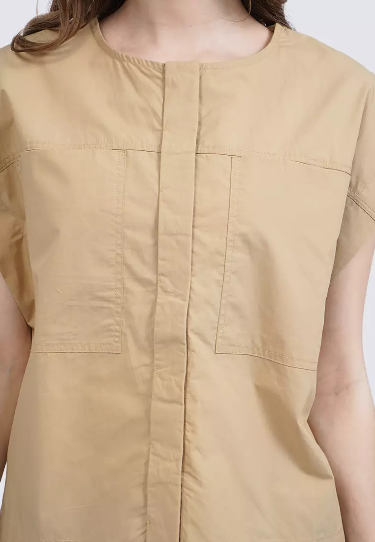 Round Neck Short Sleeve Blouse KHAKI