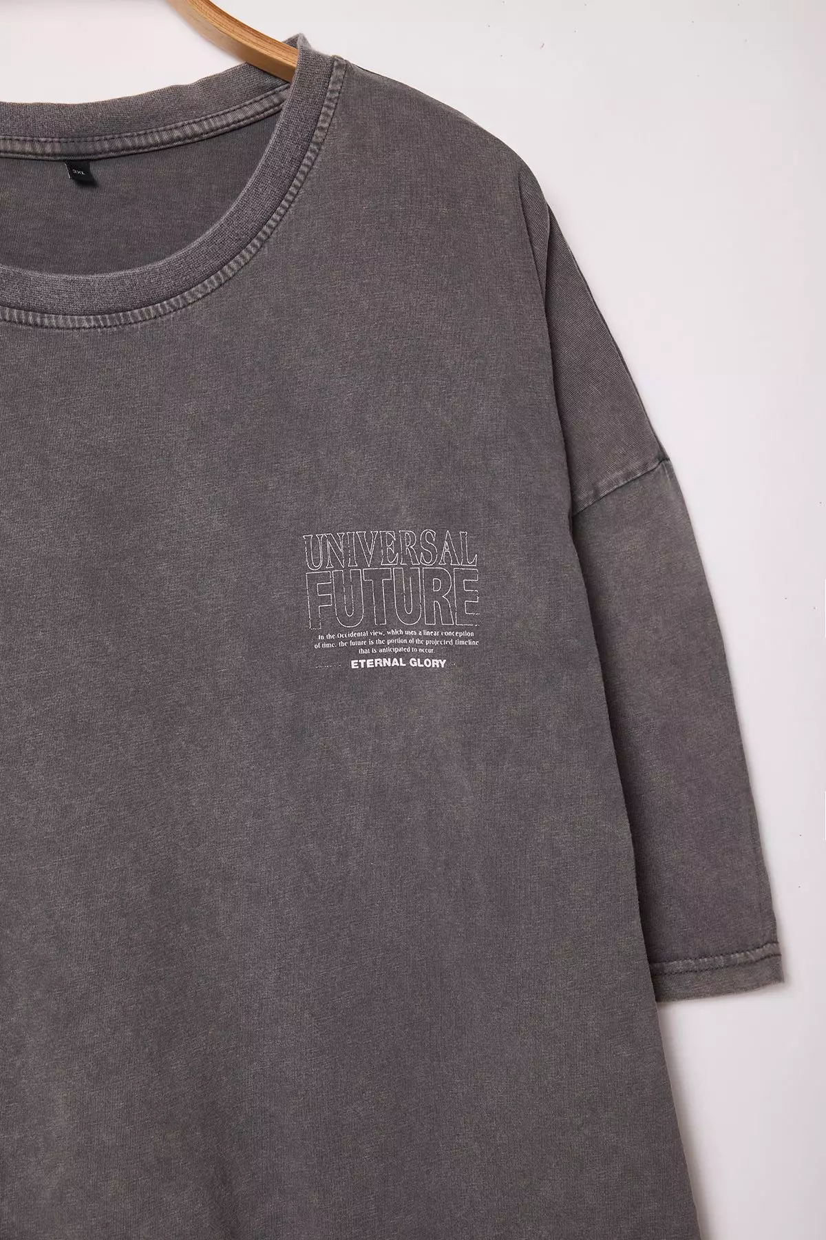 Large Size Anthracite Oversize/Wide Cut Faded Effect Printed 100% Cotton T-Shirt TMNSS25BF00015