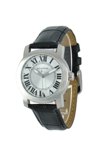 EGLANTINE 銀色 EGLANTINE® Emily 黑色皮革錶帶上的女士精鋼石英手錶 0817CAC0B065BBGS_1