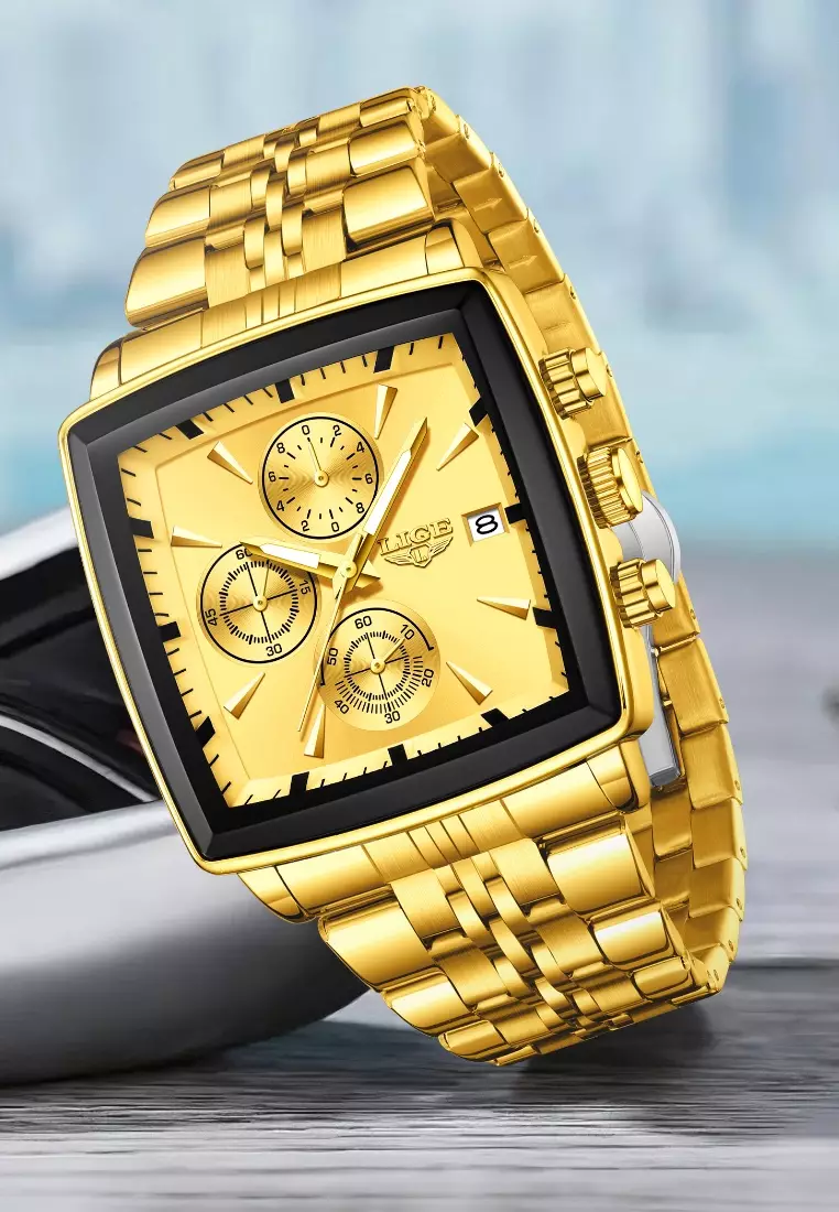 Chronograph Unisex Gold Color Finish Metal Alloy Quartz Watch 40X40mm, Gold Dial, Gold Color Finish Stainless Steel Bracelet