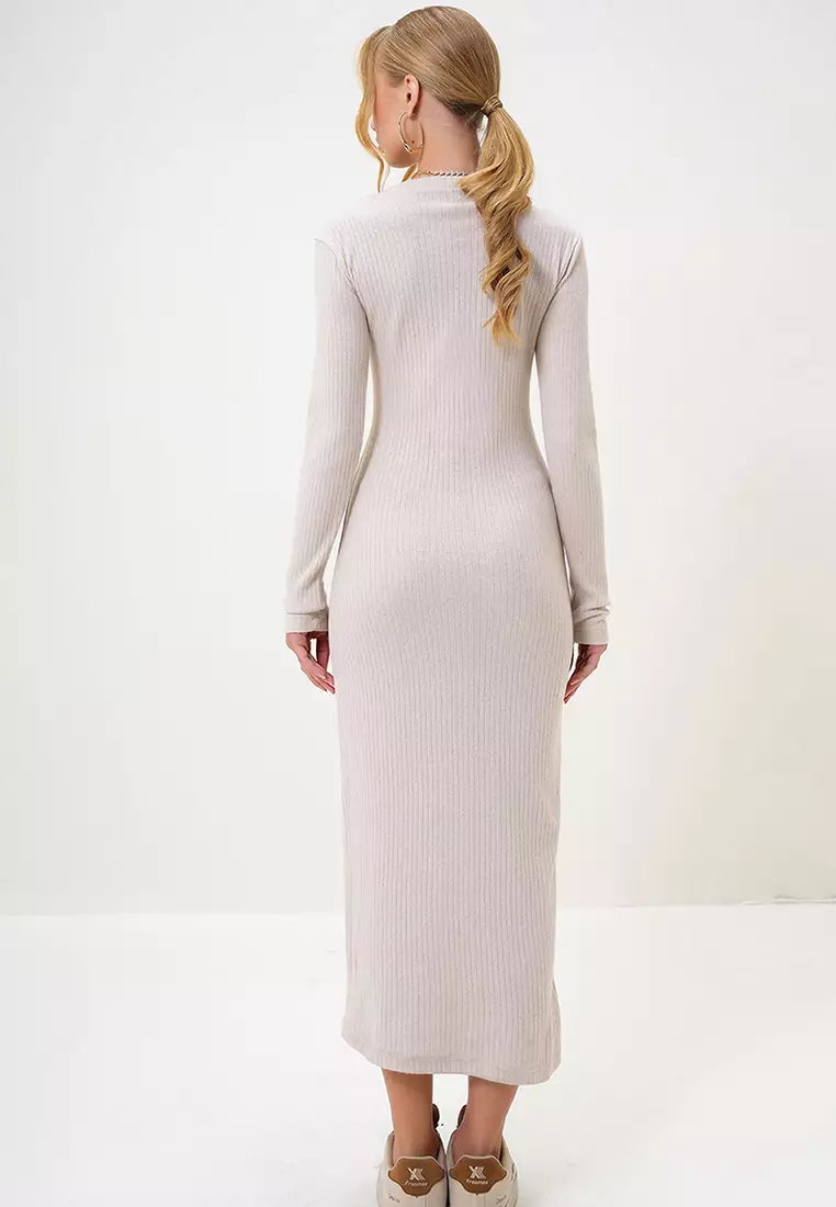 Crew Neck Long Sleeve Interlock Fabric Midi Length Dress