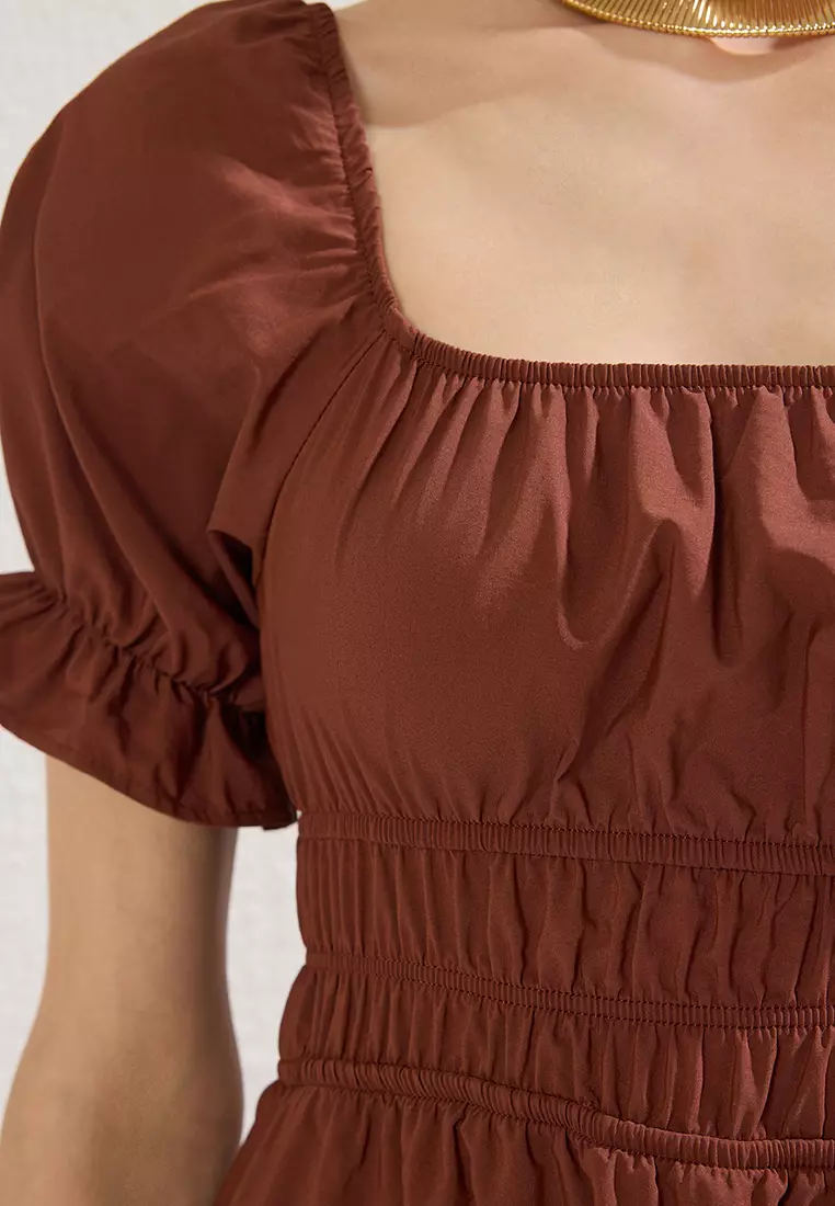 Dark Brown Plain Elastic Midi Woven Dress