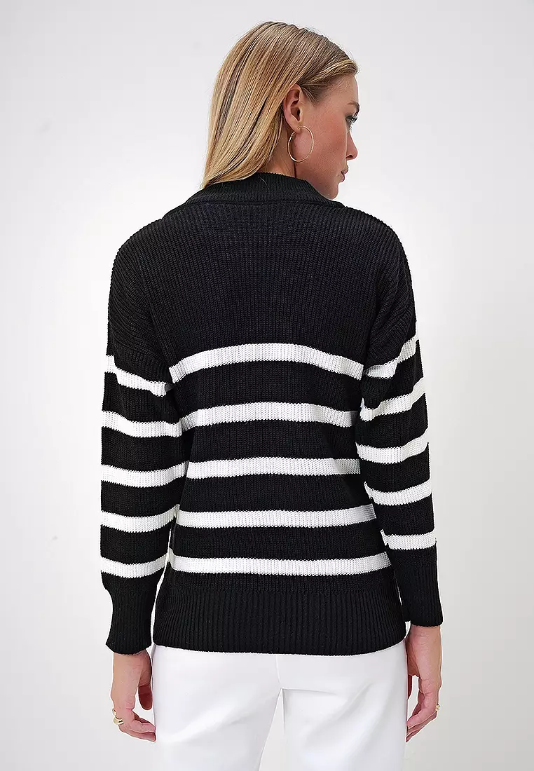 Stand Collar Half Zipper Striped Sweater