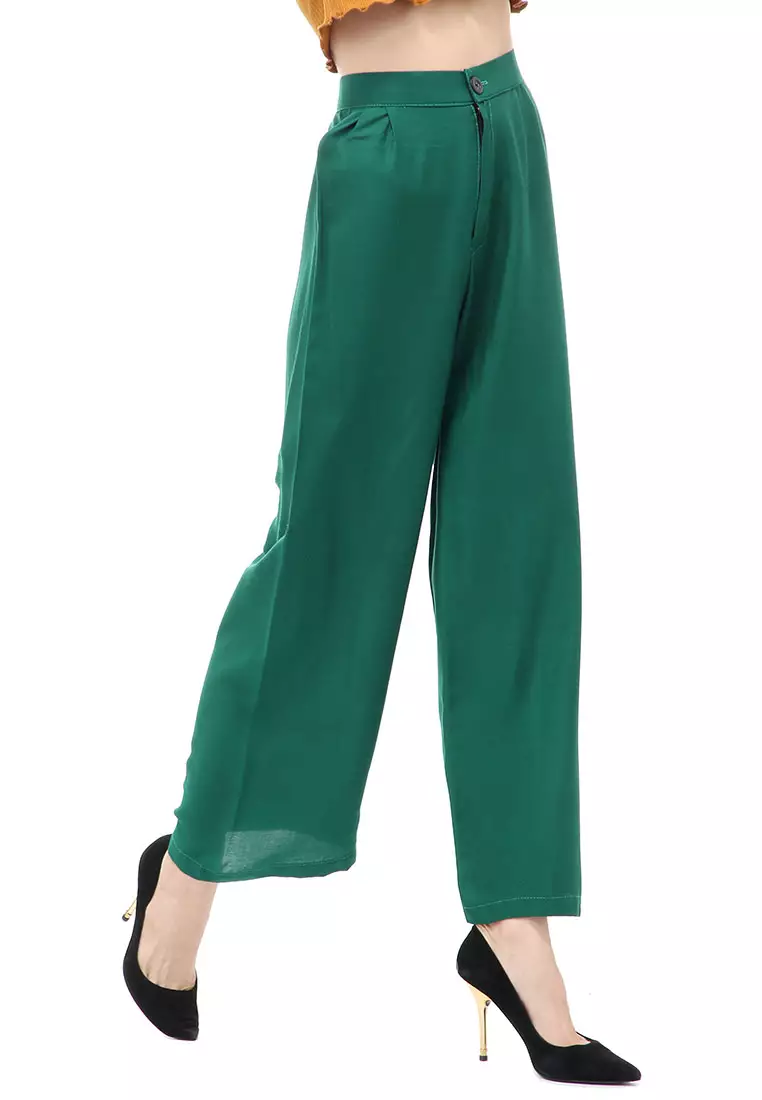 Jourel Celana Panjang Kasual Kulot Highwaist Wanita Style Kancing Resleting Material Rayon ORIGINAL - Green Bottle