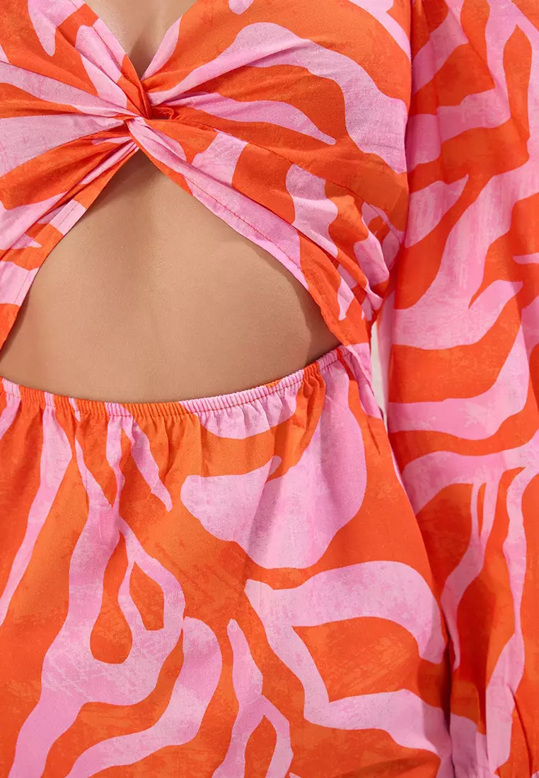 Beachwear Abstract Patterned Mini Woven Cut Out/Window 100% Cotton Beach Dress TBESS23EL00175