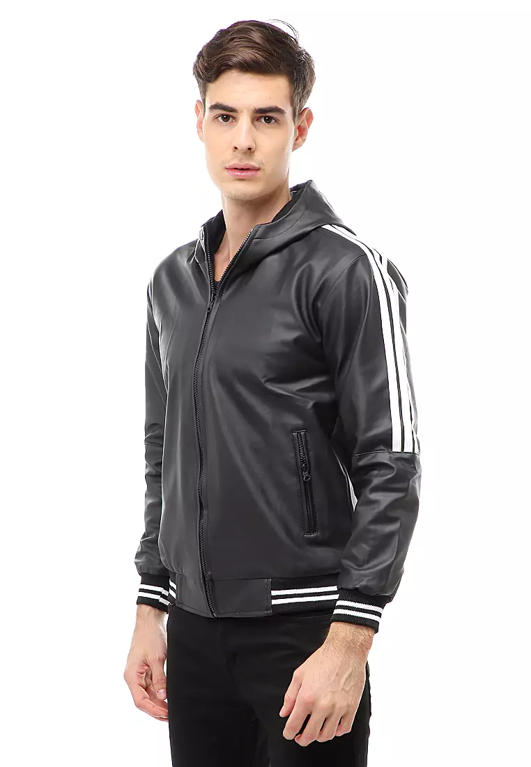 Halbert Outerwear Jaket Kulit Hoodie Pria Model List Material Leather ORIGINAL - Black