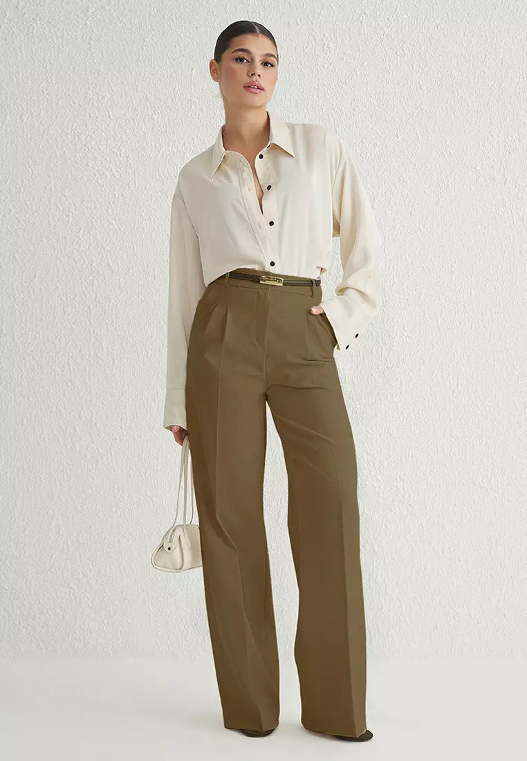Khaki Pleated Wide Leg Trousers TWOAW25PL00109