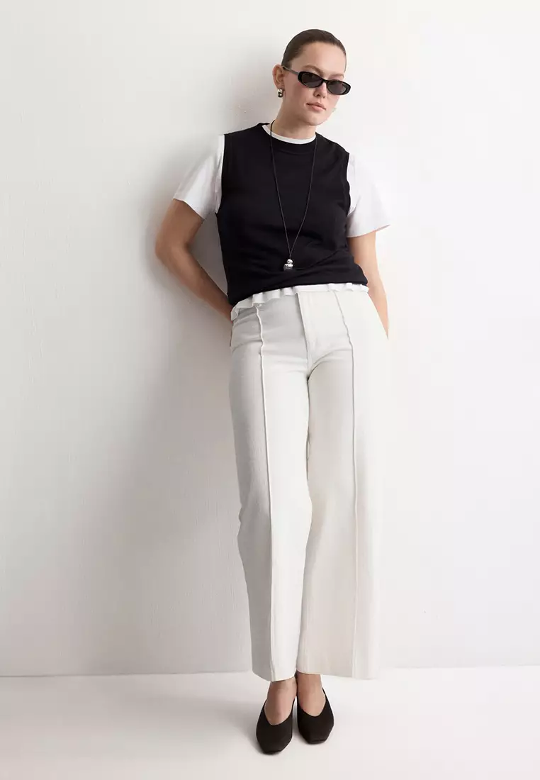 High-Waisted Wide Leg Jeans With Stitching