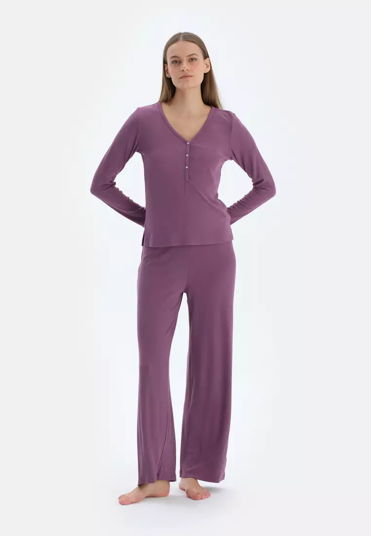 Purple T-Shirt & Trousers, V-Neck, Regular, Long Sleeve Sleepwear for Women