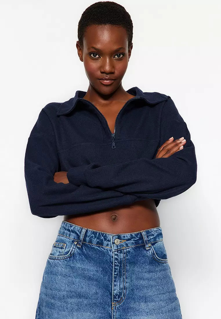 Navy blue cropped sweatshirt online