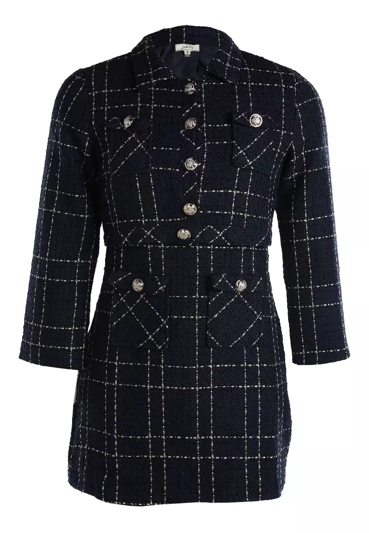 Jaket Kancing Tenun + Kombinasi Gaun Mini Warna Navy