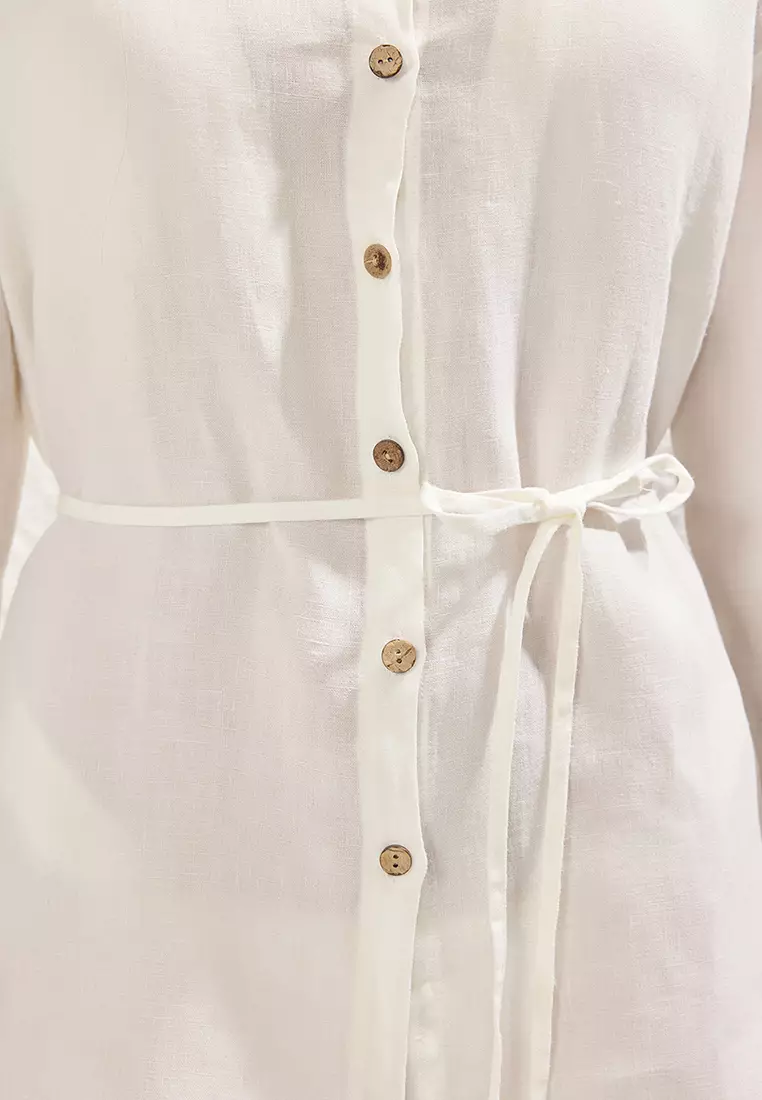 White Woven 100% Linen Tied Beach Shirt TBESS25GO00015