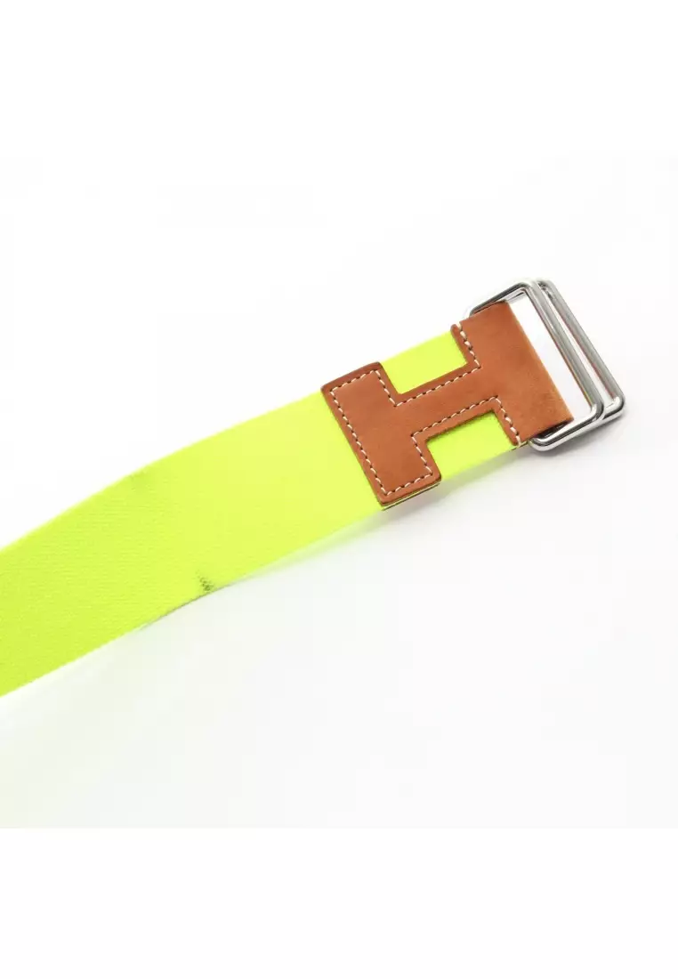 Pre-Loved Hermès Nomad 40 belt canvas leather yellow-green Brown silver hardware Neon color Z stamp