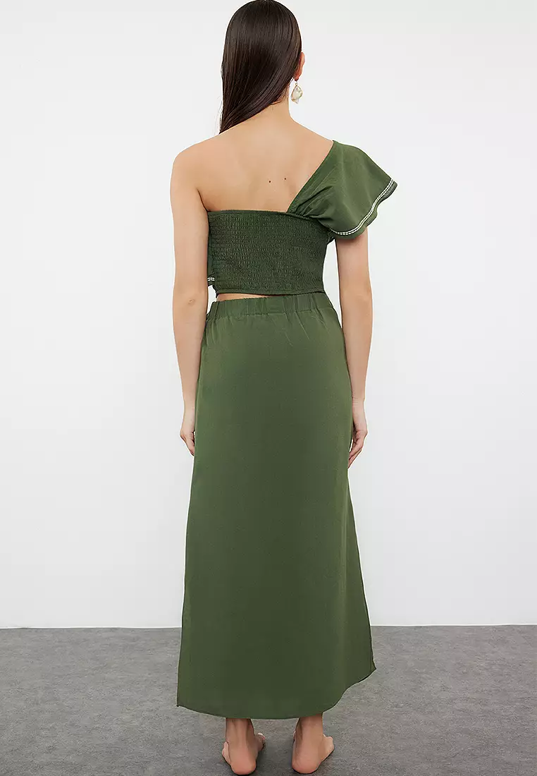 Cotton One Shoulder Blouse With Midi Skirt Beach Set