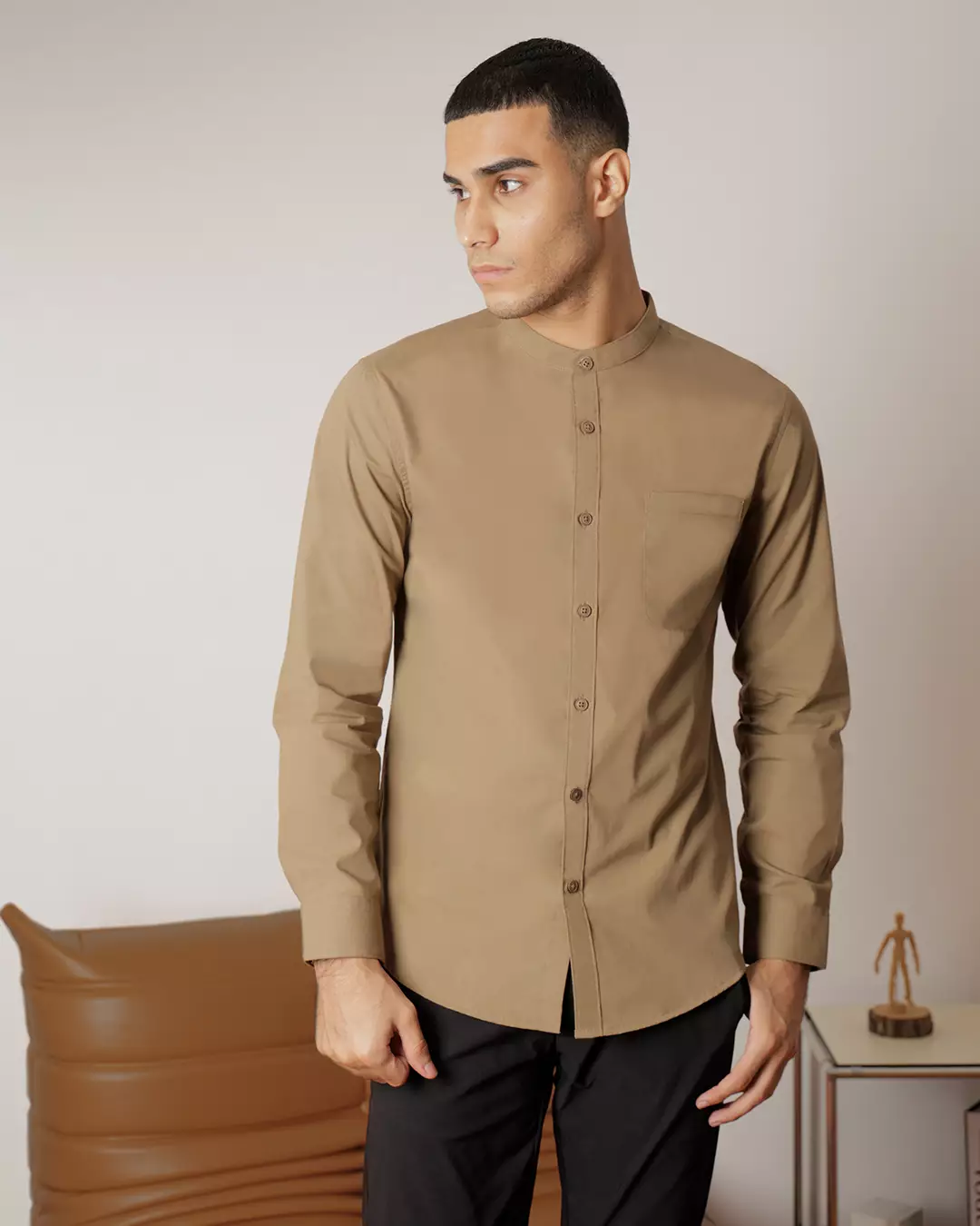 Oxcon Collarless Long Sleeve Business Shirt soft cotton Sand
