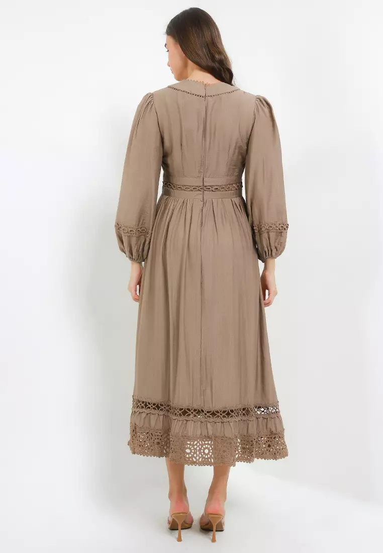 L/S Lace Trimmed Tier Maxi Dress