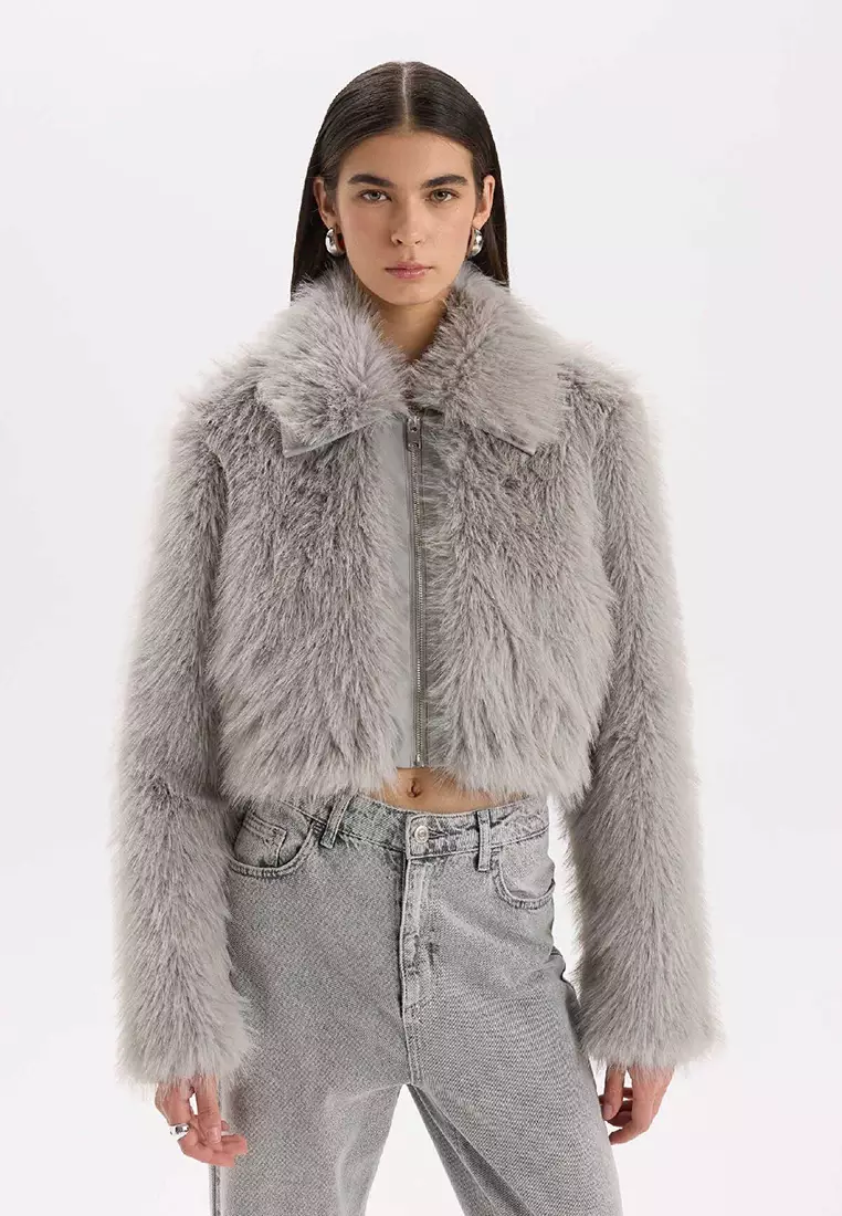 Buy DeFacto Zippered Faux Fur Jacket Coat With Regular Fit Pockets