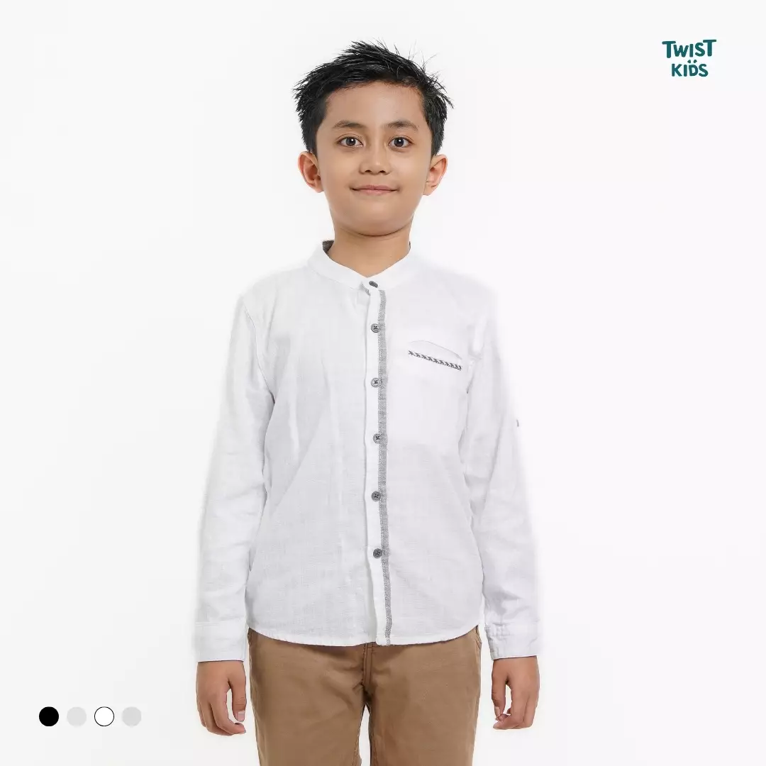 Twist Kids [Official Store] - Zaki C, Baju Lebaran Anak Laki-Laki 2025, Baju Muslim/Koko/Kaftan Polos Lengan Panjang Anak Laki-Laki (usia 4-14 tahun) Warna Putih (White)