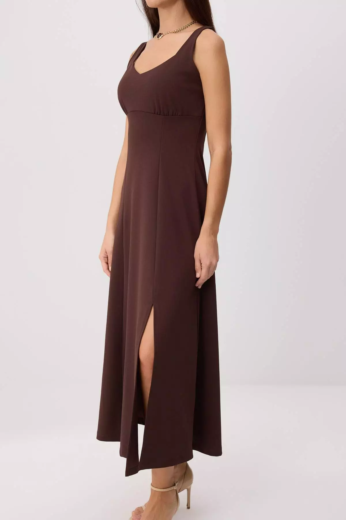 Brown A-Line/A Bell Form Sweetheart Neck Sleeveless Maxi Scuba Crepe Knitted Dress Twoss26El00262