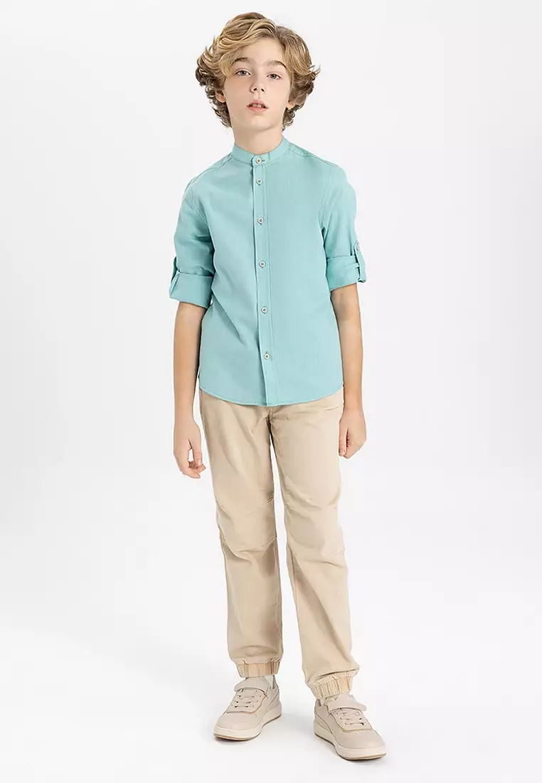 Stand Collar Linen Look Basic Long Sleeve Shirt