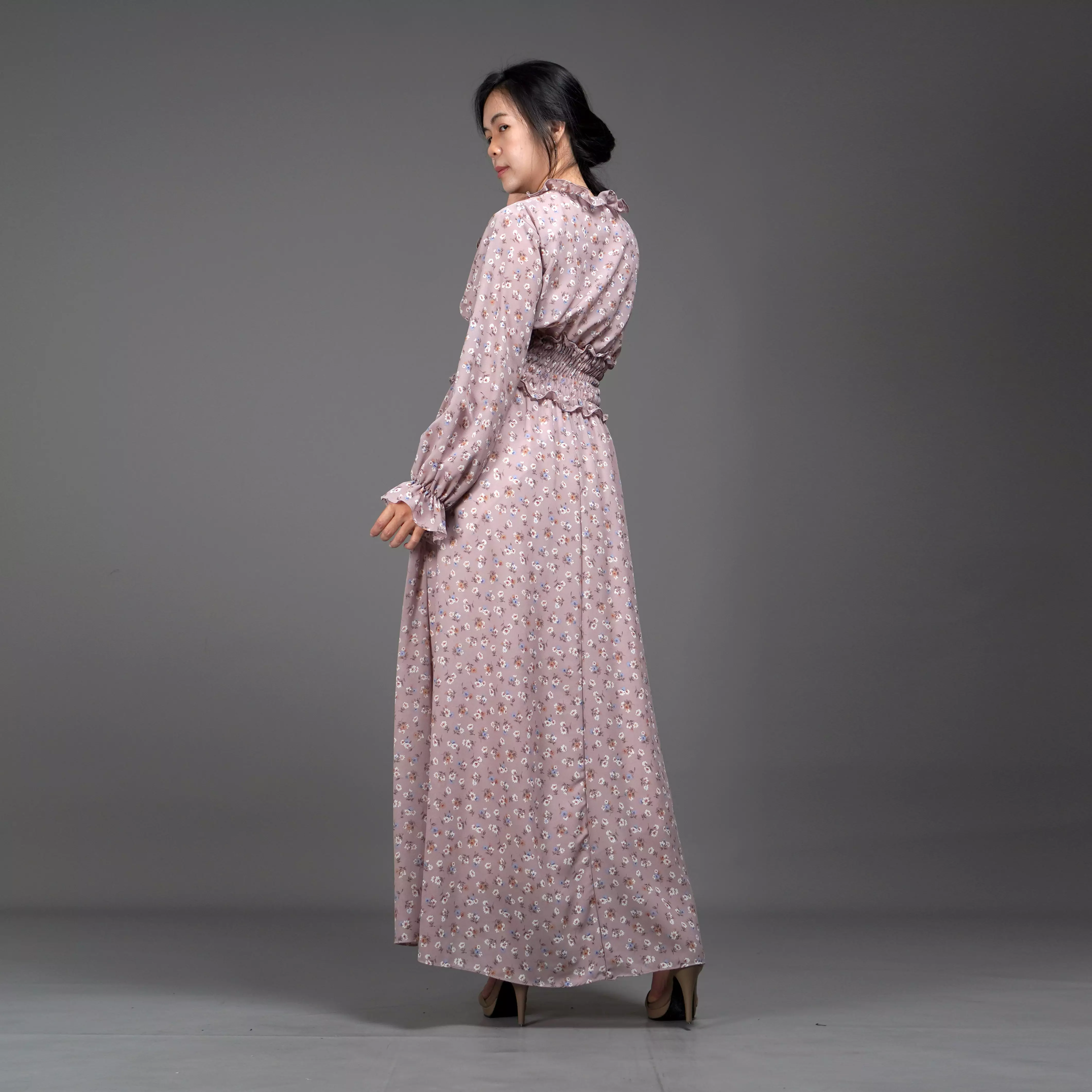  Dress SHALMA Long Dress Sifon Gaun Panjang Gaya Korea - Moka