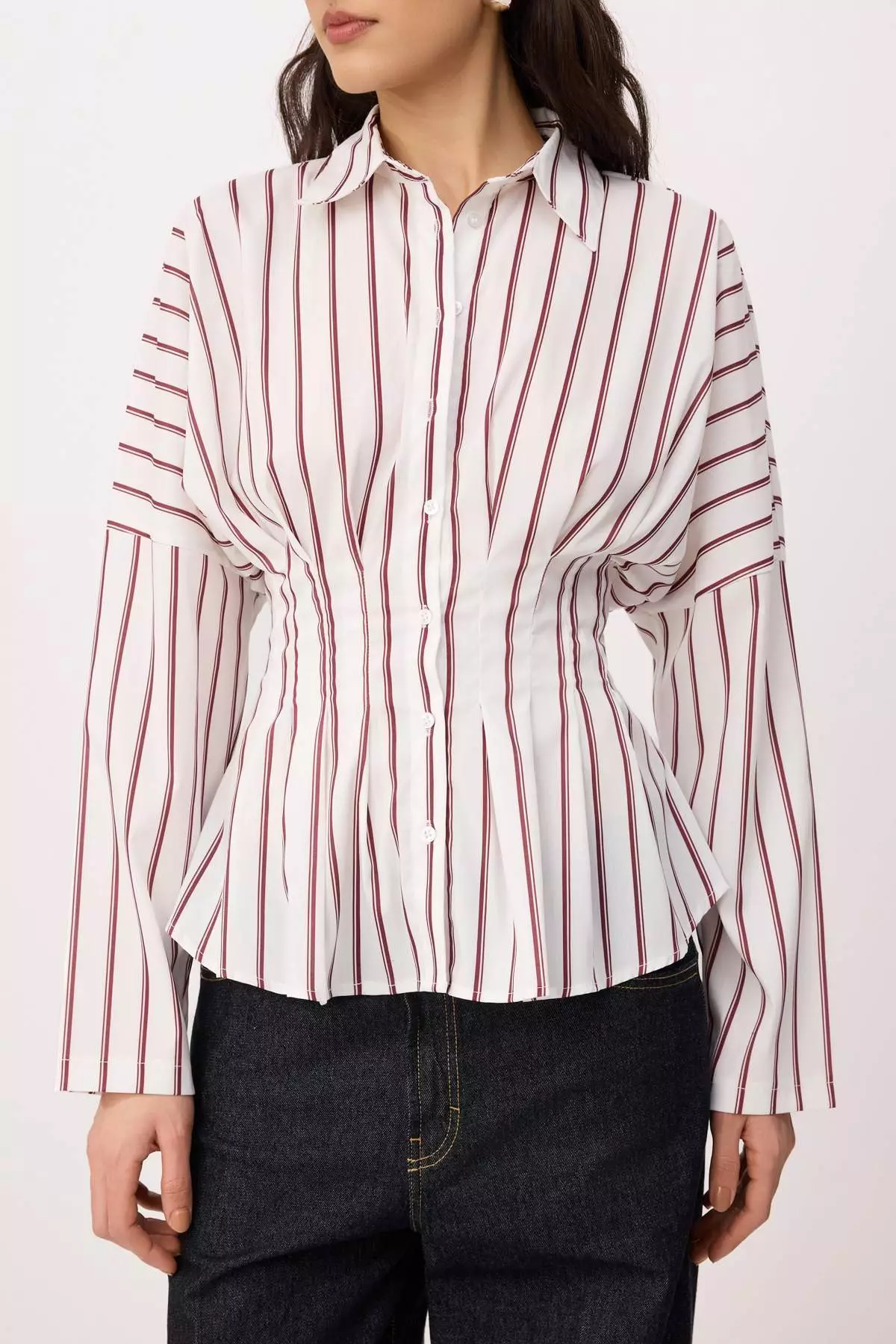 White-Multicolored Striped Lycra Fitted Waist Shirt Twoaw26Go00113