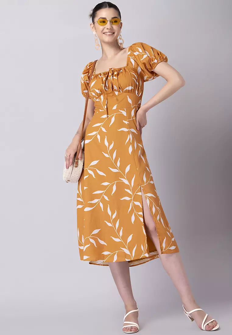 Mustard Yellow Printed Front Slit Dress