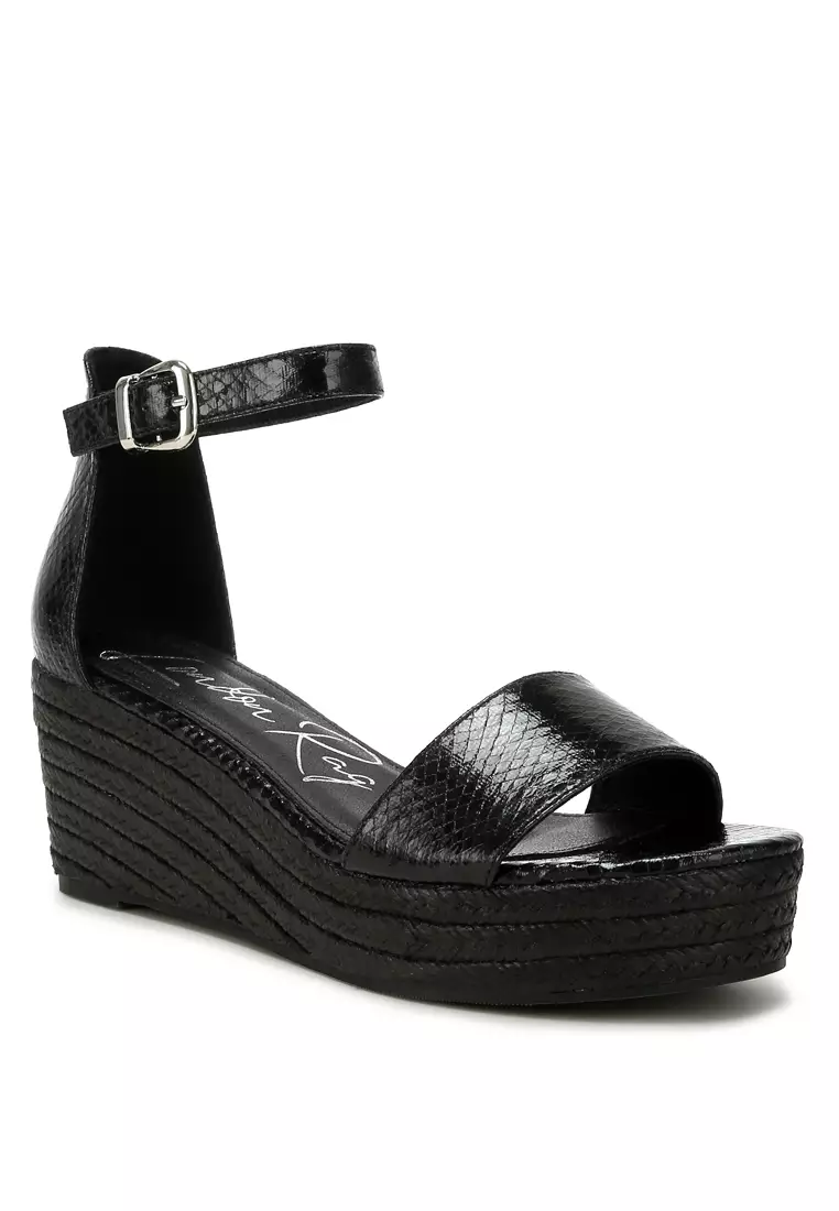 Espadrilles Wedge Ular Kulit Imitasi Hitam