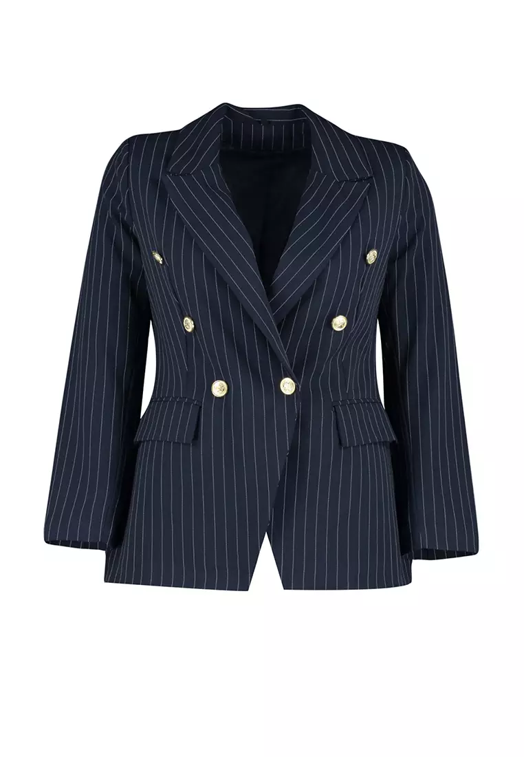 Navy Blue Striped Gold Buttoned Woven Jacket TBBAW24AG00027