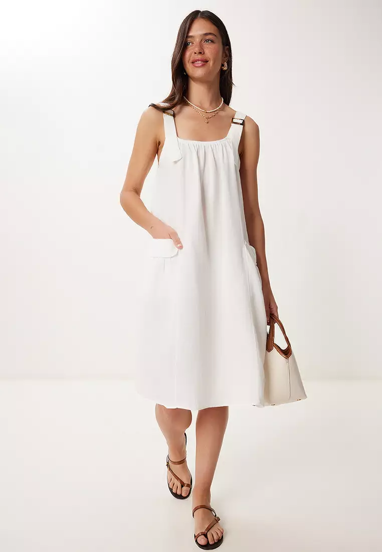 Women's Ecru Linen Blended Light See-Through Beach Dress Gx00009