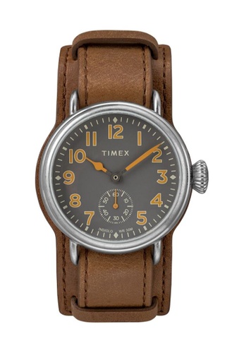 Timex brown and silver Timex Welton Cuff SST 38mm - Silver-Tone Case, Brown Strap (TW2R88000) 1BE24AC3F1BB38GS_1