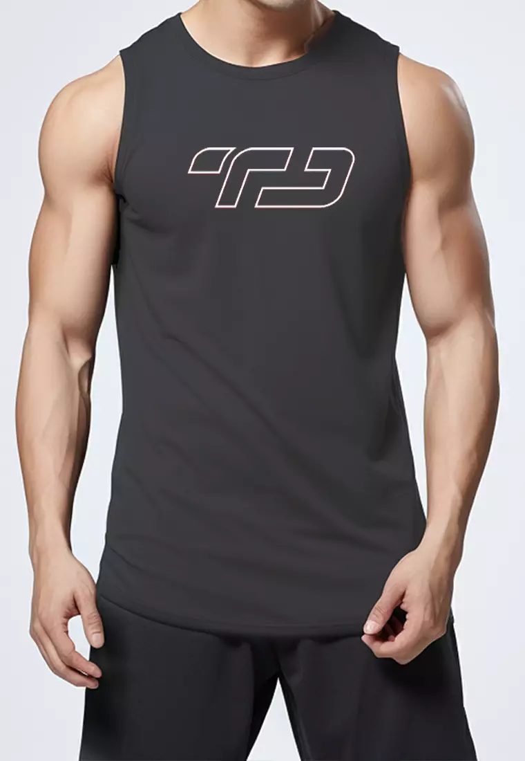 MS191 kaos olahraga gym pria sleeveless tangan kutung singlet tank top td outline dateng abu tua