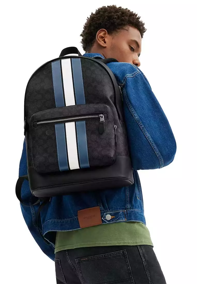 West Backpack In Signature Canvas With Varsity Stripe Charcoal/Denim/Chalk CV922