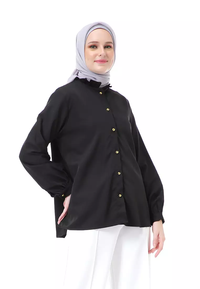 Blouse Muslimah Atasan Wanita Ballon Sleeve Regular Fit - Black