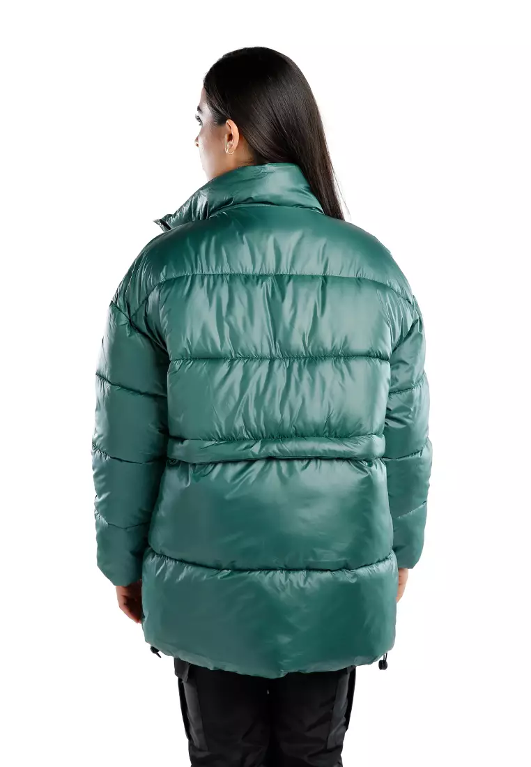 Jaket Puffer Turtleneck Dua Arah Hijau yang Dapat Dilepas