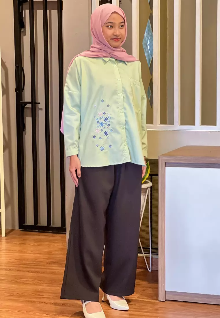 Felicia Embrodery Matcha - Blouse Atasan Wanita