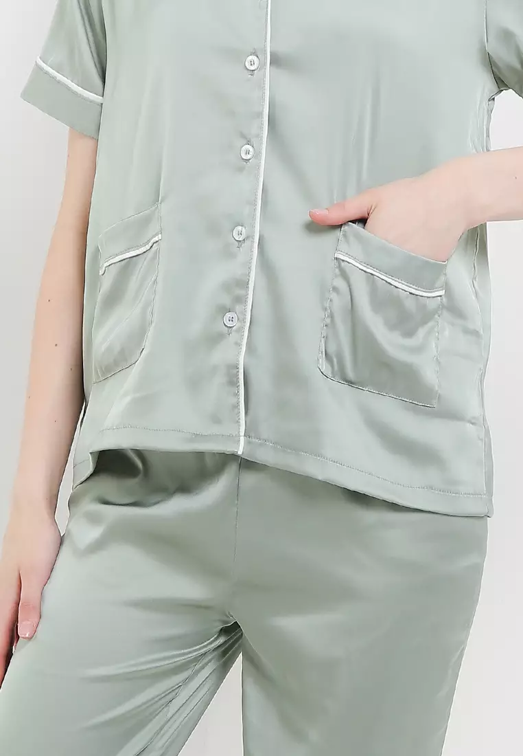 Piyama Pijama Baju Tidur Satin Silk Couple Mens Short Sleeve Long Pants Sleepwear