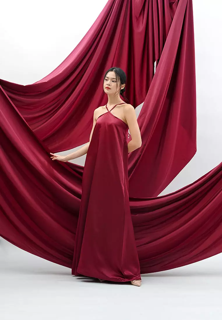 Halter Satin Maxi Dress in Maroon