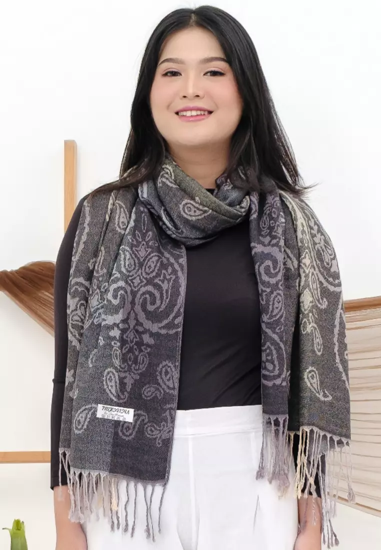 Aksesoris Wanita Reversible Viscose Gradient Paisley Pattern Pashmina Shawl Syal Gradasi Wanita Graphite Black