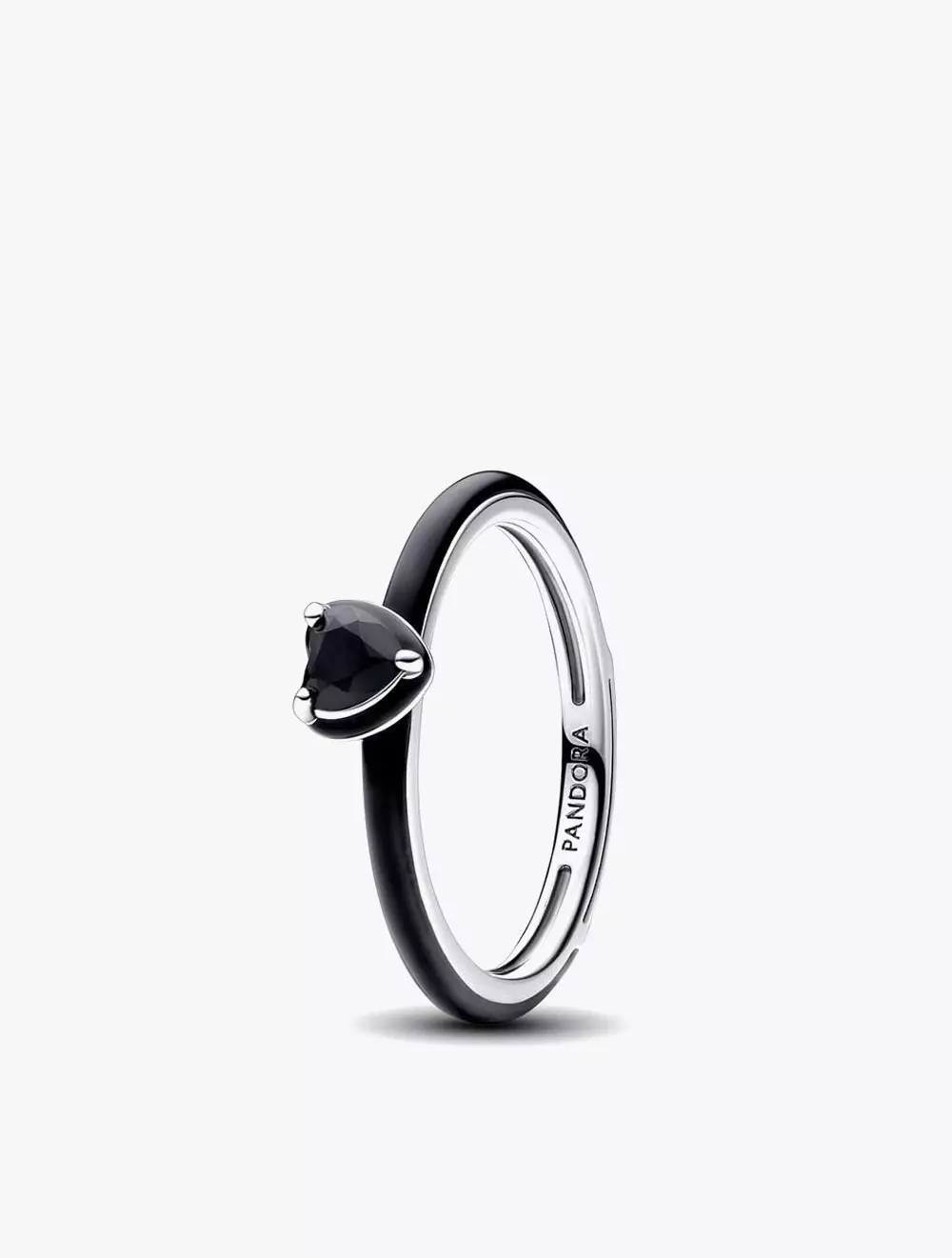 Heart sterling silver ring with black crystal and black enamel